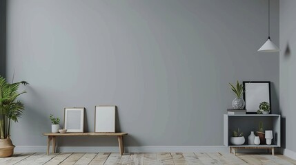 A beautifully arranged grey wall serves as a backdrop