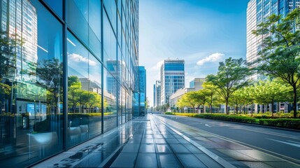 The serene symmetry of modern buildings and a clean road - obrazy, fototapety, plakaty