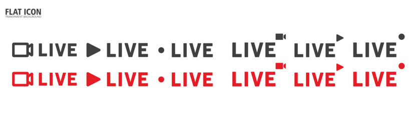 Live symbol, Set of live streaming icons. Flat icon and buttons of live streaming, broadcasting, online stream.  Live vector icon in transparent background.
