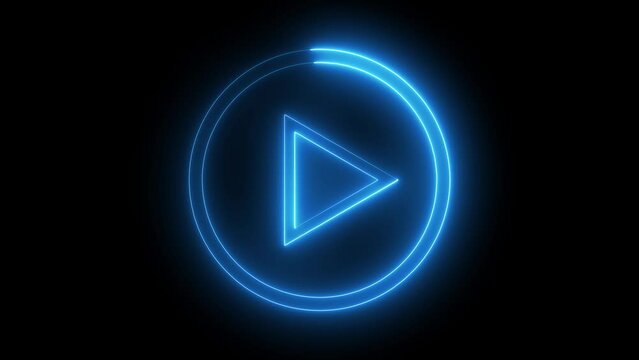 Neon glowing Play button animation on black background. Play button icon neon animation. Music play button icon animation. Animated play button icon with neon circle glowing neon effect.