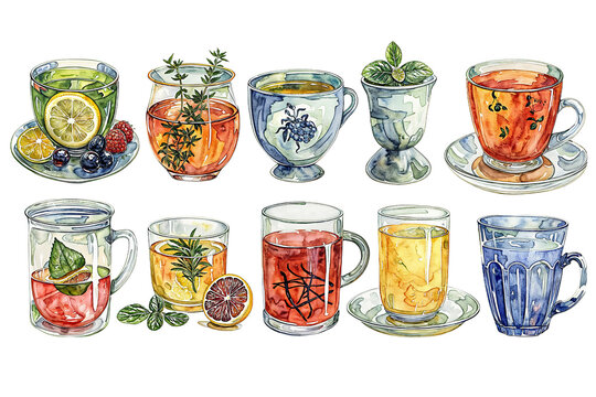 A detailed watercolor painting featuring a rich assortment of teas in various shapes and sizes, showcasing the beauty of different tea varieties