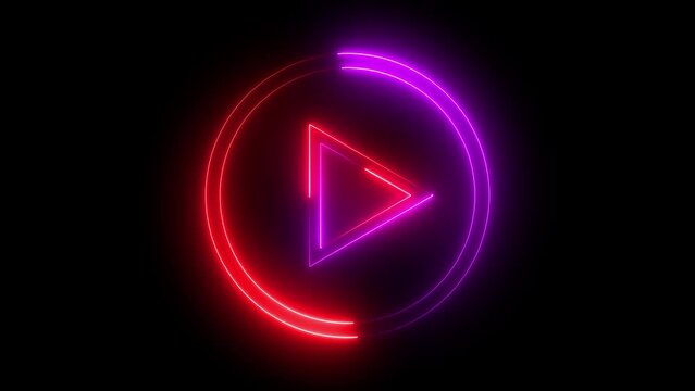 Neon glowing Play button animation on black background. Play button icon neon animation. Music play button icon animation. Animated play button icon with neon circle glowing neon effect.