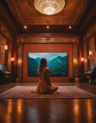 Woman in a long dress sits on the floor in a luxurious home theater, gazing at a large screen surrounded by opulent decor. - obrazy, fototapety, plakaty