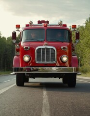 A classic red firetruck with chrome details and emergency lights dominates the road, a symbol of heroic service.