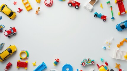 A vibrant collection of kids' toys arranged in a frame on a white background - obrazy, fototapety, plakaty
