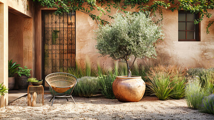 Mediterranean House Garden with Vintage Decor, Green Plants in Pots, and Rustic Charm, Beautiful Outdoor Space