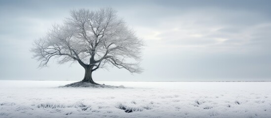 A peaceful winter scene showing a lone tree in a snowy field under a clear sky