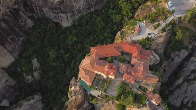 Aerial view of Monastery of Saint Stephen (Agios Stefanos Monastery) in Meteora, Greece. St. Steven Monastery, a UNESCO World Heritage site.