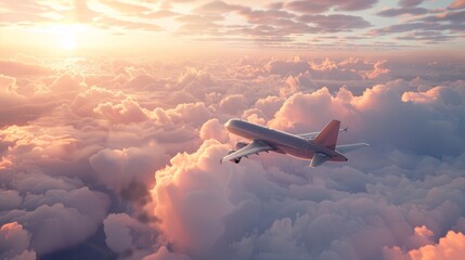 A breathtaking scene of a passenger commercial airplane flying high above the clouds - obrazy, fototapety, plakaty