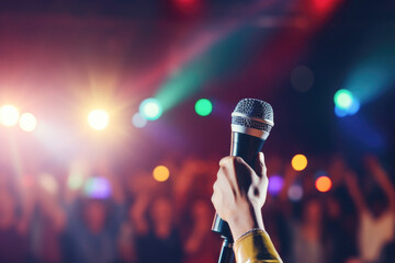 A microphone is held up in front of a crowd of people - obrazy, fototapety, plakaty