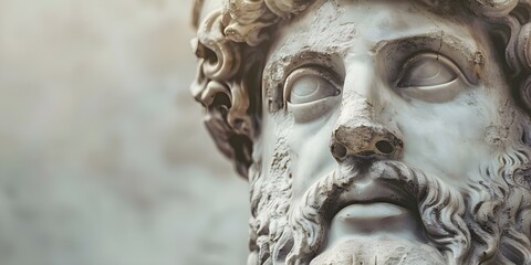 Ancient Roman statue of a god with a strong stern expression showcasing power and history. Concept Ancient Art, Roman Sculpture, Classical History, Powerful Gods, Stern Expression - obrazy, fototapety, plakaty