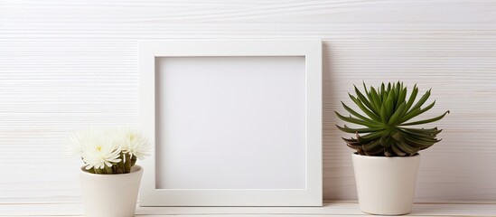 Close-up view of a wooden picture frame hanging on a wall, showcasing a green houseplant and a delicate flower within, adding a touch of nature to the decor