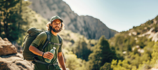 Nature adventure: Travelers staying hydrated with water bottles during a hike. - obrazy, fototapety, plakaty