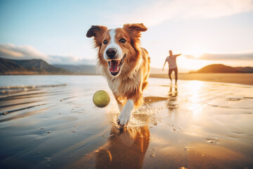 A young dog playing happily along the beach, enjoying a game of ball fetch with its owner.