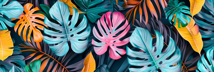 Tropical Plant Leaves Against Pastel Background, Creative and Colorful Nature Design, Summer Vibes
