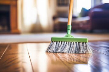 sweeping the floor with a broom, ensuring a spotless home.