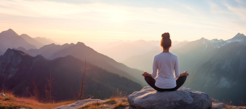 Embracing the serenity of nature, a silhouette of a person meditating on a mountain peak.