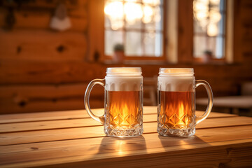 Two glasses of cold beer on a wooden table, golden liquid topped with frothy foam, ready for a refreshing celebration at the pub.