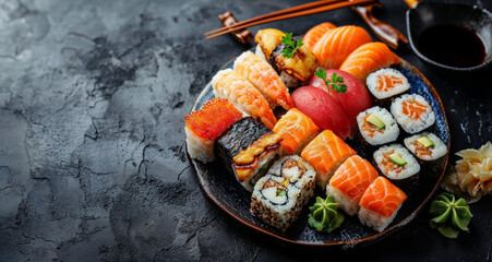 Assorted Sushi Platter on Dark Stone Background