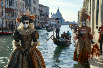 Obraz premium Venetian Carnival Scene with Costumed Figures