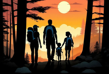 Silhouette of a family going hiking. Family values, vacation, lifestyle, banner, poster.
