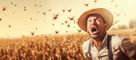 The locust crisis poses a significant threat to food security and agricultural industry. Shocked emotions on a farmer face - obrazy, fototapety, plakaty