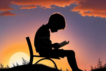 Silhouette of a boy reading a book outdoors at sunset. Concept Book Day, poster, copy space.