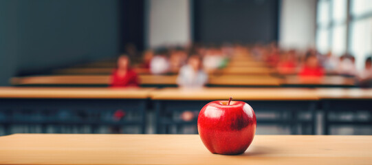 In the classroom, a student takes a break to enjoy a crisp apple for a healthy snack.