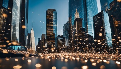 The sparkling bokeh effect of city lights creates a dreamy foreground against the iconic New York City skyline at dusk. - obrazy, fototapety, plakaty