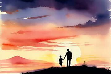Silhouette watercolor man and child walking outdoors, Father's Day concept, relationship with child, congratulations, poster, banner, copy space.