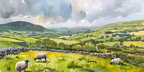 Watercolor illustration of a scenic Irish landscape. Green pastures and sheep in Irish countryside.