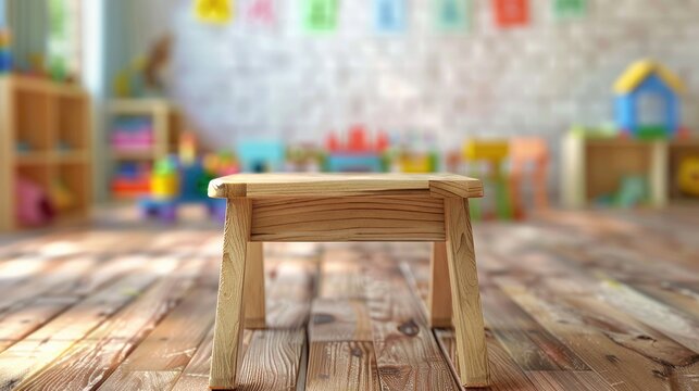 A wooden desk stands prominently against the blurred backdrop