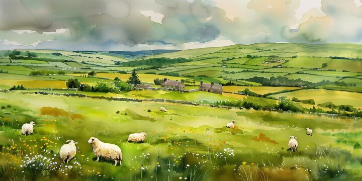Watercolor illustration of a scenic Irish landscape. Green pastures and sheep in Irish countryside.