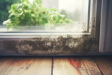 Close-up of a damp corner window sill, with black mold and fungus growth, highlighting the need for renovation and improved sanitation in the old house interior.