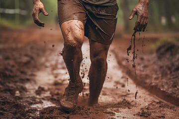 A runner tackles a muddy trail race, splashing through puddles and embracing the challenge of the extreme outdoor sport amidst the forest landscape.