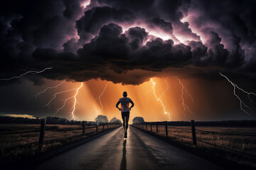 A brave jogger dashes through the stormy night, lightning illuminating the dark sky as they harness the power of nature for an adventurous run