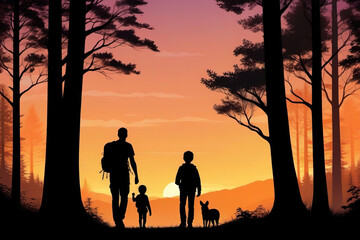 Silhouette of man and children going hiking in the forest. Father's Day concept, spending time with children. Poster, banner.