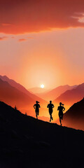 Silhouette of man and woman running in the mountains at sunset. Healthy lifestyle concept, poster, banner, copy space.