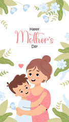 Happy Mother's Day poster. Cute mother tenderly hugs son on white background with blue flowers. Vertical festive floral banner. Vector illustration