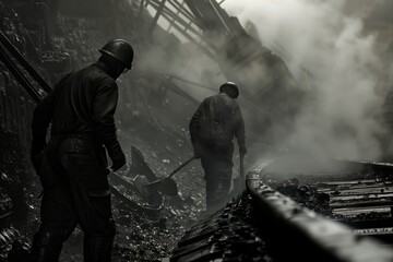 black and white photo of two coal workers next to a train track  - obrazy, fototapety, plakaty