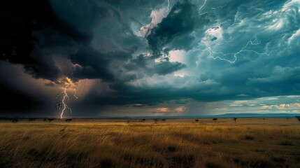 A dramatic lightning strike in the distance over an African sava