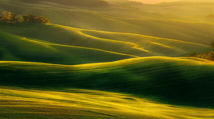 A beautiful photo of rolling green hills at golden hour