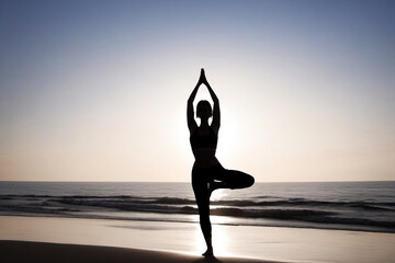Silhouette of a woman practicing yoga on the beach at sunset. Healthy lifestyle concept, poster, banner, copy space.