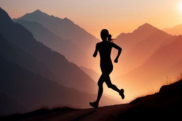 Silhouette of woman running in the mountains at sunset. Healthy lifestyle concept, poster, banner, copy space.