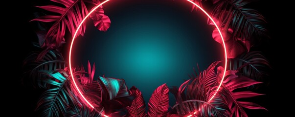 Burgundy neon frame with leaves on black background, in the style of circular shapes, tropical landscapes