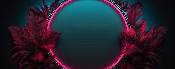 Burgundy neon frame with leaves on black background, in the style of circular shapes, tropical landscapes