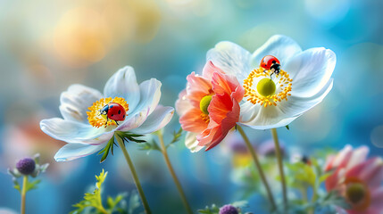 Beautiful flowers anemones and ladybug in spring nature outdoors against blue sky, macro, soft focus. Generative Ai - Powered by Adobe
