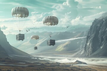 Airdrop operation delivering humanitarian or military supplies from aircraft via parachutes, with cargo landing to ground. Logistical operation aiding those in need or supporting military missions.