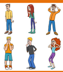 cartoon funny surprised young people characters set