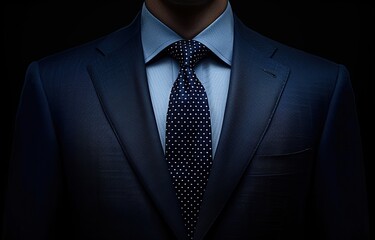 Elegant men's suit or businessman's clothing in dark blue on a mannequin in a boutique. The suit is complemented with a tie. In the dark background - obrazy, fototapety, plakaty